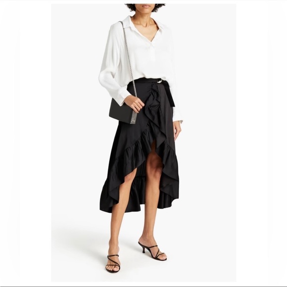 Sandro Ilona Asymmetrical Ruffle Satin Belted Skirt size 0 - Picture 3 of 9